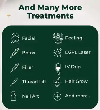 Embba Beauty Clinic treatment list including facial, peeling, botox, filler, D2PL laser, IV drip, thread lift, hair grow, and nail art